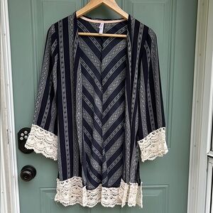 Striped Kimono Cardigan with Lace Trim